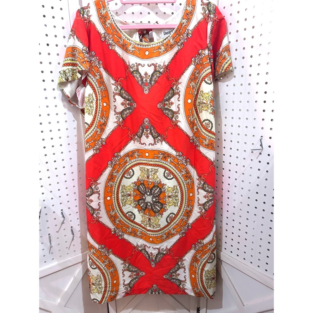 Danny & Nicole 18W Red Orange Baroque Print Short Sleeve Tie Back Dress Plus